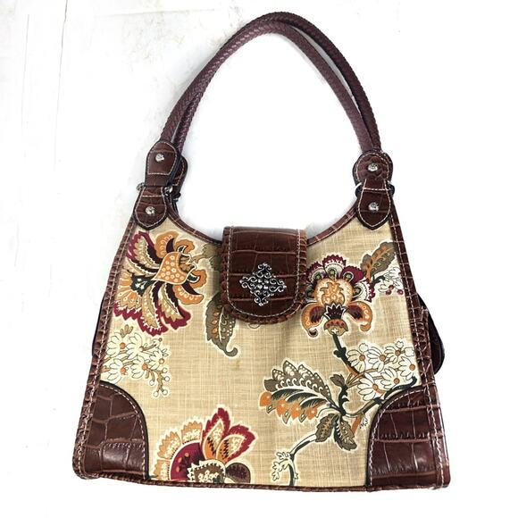 Woven Burlap and Leather Floral Handbag - Picture 1 of 14